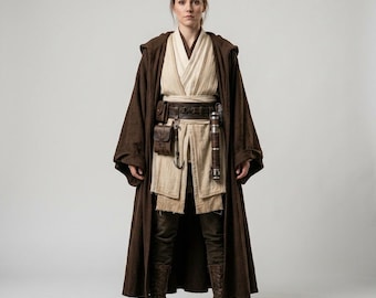 Conjunto de disfraz Jedi personalizado: Túnica y túnica de cosplay de Star Wars hechas a mano / Traje de caballero Jedi para adulto para Halloween / Capa con capucha marrón