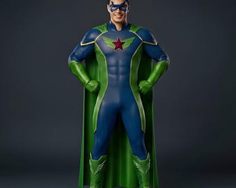 Disfraz de superhéroe para hombre, traje de cosplay de superhéroe personalizado, traje de héroe verde y azul con capa, disfraz de Halloween para Comic Con, regalo para él.