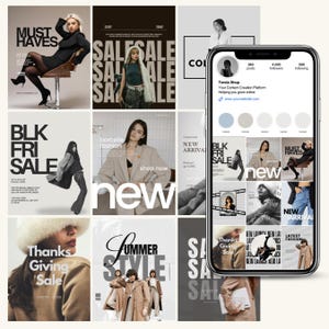 Pode incluir: Uma coleção de posts de mídia social com tema de moda e um telefone exibindo um perfil do Instagram. Os posts apresentam modelos, anúncios de vendas e texto como "Must Haves", "Sale", "New Arrival" e "Summer Style". A paleta de cores é principalmente preto, branco e bege.