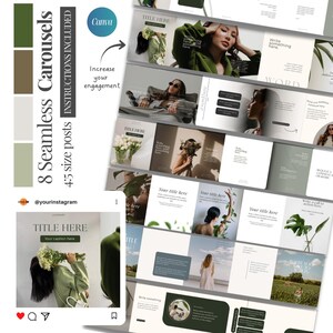 Può includere: Modelli di carosello Instagram digitali. Il design presenta una palette di verdi e neutri, con immagini di persone e segnaposto di testo. I modelli sono progettati per aumentare l'engagement e includono istruzioni.