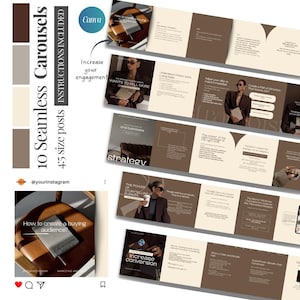 May include: Digital product featuring 10 seamless carousel templates for Instagram, with 4:5 size posts. The design uses a neutral colour palette with text and images. Includes instructions and Canva integration. Designed to increase engagement and conversion.