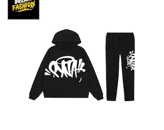 Zwart graffiti-trainingspak | Uniseks hoodie en joggingbroek | Streetwear-joggingpak | Grafische tweedelige outfit