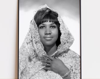 Retrato em preto e branco de Aretha Franklin, download digital, impressão, pôster, música soul