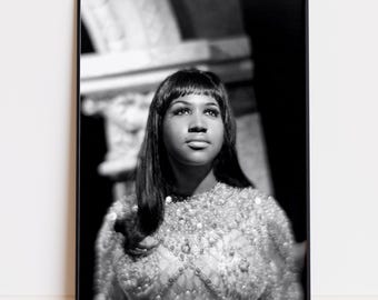 Retrato em preto e branco de Aretha Franklin, download digital, impressão, pôster, música soul