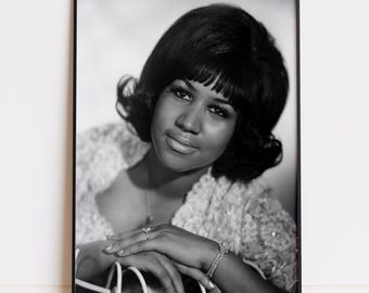 Retrato em preto e branco de Aretha Franklin, download digital, impressão, pôster, música soul