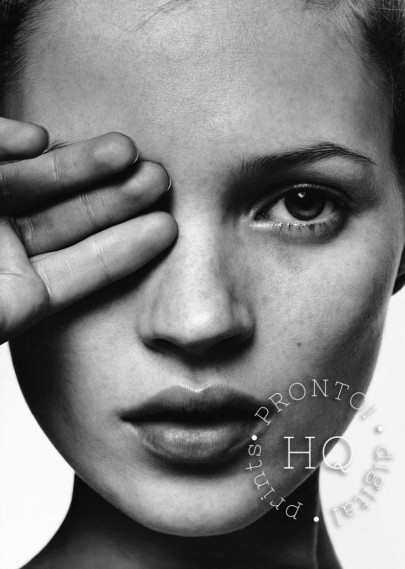 May include: Black and white close-up portrait of a person with their hand covering one eye. The image is high-contrast, emphasizing facial features like the lips, nose, and eye. The image has a watermark that says "PRONTO HQ digital prints."