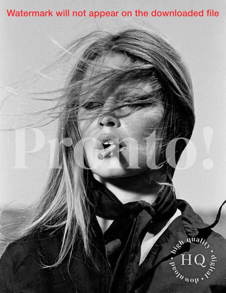 May include: A black and white portrait of a person with long, wind-swept hair, wearing a dark collared shirt and a tied neck scarf. The person has a cigarette in their mouth. The image includes the text "Pronto!" and "high quality digital download".