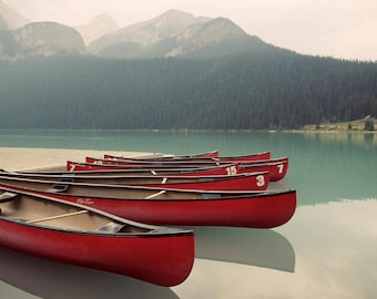 Lake Louise Photo, Lake Louise Canvas, Lake Louise Print, Red Canoes, Banff Canoes Photo, Banff Canvas, Banff Art, Lake Louise Canoes Photo