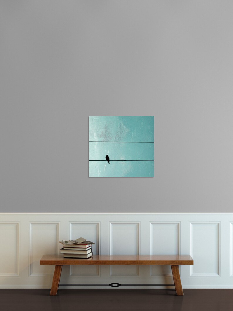 Bird on a wire photo square canvas, bird on wire print, turquoise, crow on wire, bird wall art, bird silhouette, square photo, square canvas image 2