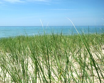 Lake Michigan print, Lake Michigan canvas, Michigan square print, Beach grass, beach photography, blue and green, summer photo
