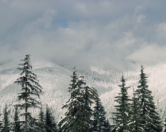 Snowy mountains photo, clouds, landscape photo, green and white, Snoqualmie summit, Washington State, Cascade mountains