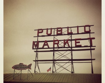 Pike Place Market photo, Pike Place Canvas, Pike Place print, square Seattle photo, 4x4, 6x6, 8x8, vintage look photo, Seattle Instagram