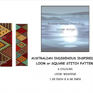 Puede incluir: Un patrón de abalorios de telar o punto cuadrado inspirado en el arte indígena australiano. El patrón presenta formas geométricas en rojo, naranja, amarillo, marrón, azul y turquesa. El patrón tiene 4,2 cm de ancho y 17 cm de largo. "Bracelet Pattern Created by Susan Arrighi" está escrito en la parte superior de la imagen.