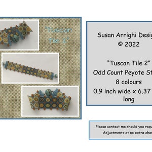 May include: A beaded bracelet with a geometric pattern in shades of blue, yellow, and brown. The bracelet is made using odd count peyote stitch and is 0.9 inches wide by 6.37 inches long. The design is called "Tuscan Tile 2" and is by Susan Arrighi Designs.