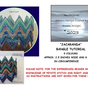 Op de afbeelding: Een kralenarmband tutorial patroon ontwerp genaamd "Jacaranda" door Susan Arrighi. De tutorial is voor ervaren kralenmakers die bekend zijn met peyote steek en recht-hoek weven. De armband is ongeveer 6,35 cm breed en 20,32 cm in omtrek. Het ontwerp gebruikt 9 kleuren.