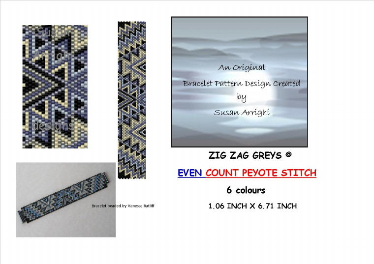 ZIG ZAG GREYS Peyote Stitch Even Count Beading Pattern