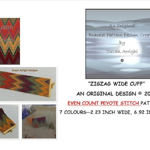 Puede incluir: Un brazalete de cuentas con un patrón en zigzag en tonos de rojo, naranja, amarillo, verde y marrón. El brazalete tiene 5,66 cm de ancho y 17,58 cm de largo. "Zigzag Wide Cuff" Un diseño original © 2021 Patrones de punto de peyote de conteo par 7 colores.