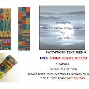 May include: A colorful beaded bracelet pattern design, featuring a patchwork of geometric shapes in shades of orange, yellow, green, blue, and purple. The pattern is worked in even count peyote stitch using size 11 seed beads. The bracelet measures 1.59 inches by 7.57 inches.