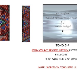 Puede incluir: Un patrón de abalorios para un brazalete con un diseño geométrico. El patrón se trabaja en punto de peyote de conteo par utilizando cuentas TOHO de tamaño 11. El brazalete mide 2,36 cm de ancho y 17,1 cm de largo. El patrón fue creado por Susan Arrighi.