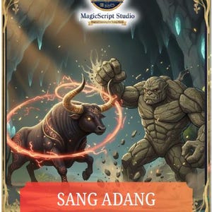 Może przedstawiać: Cyfrowe dzieło sztuki przedstawiające ciemnego byka z świecącymi oczami i rogami naprzeciwko kamiennego ogra. Obraz, oprawiony w złoto, zawiera tekst "SANG ADANG" i "Attack of the Stone Ogre" na czerwonym banerze, z logo "MagicScript Studio" u góry.