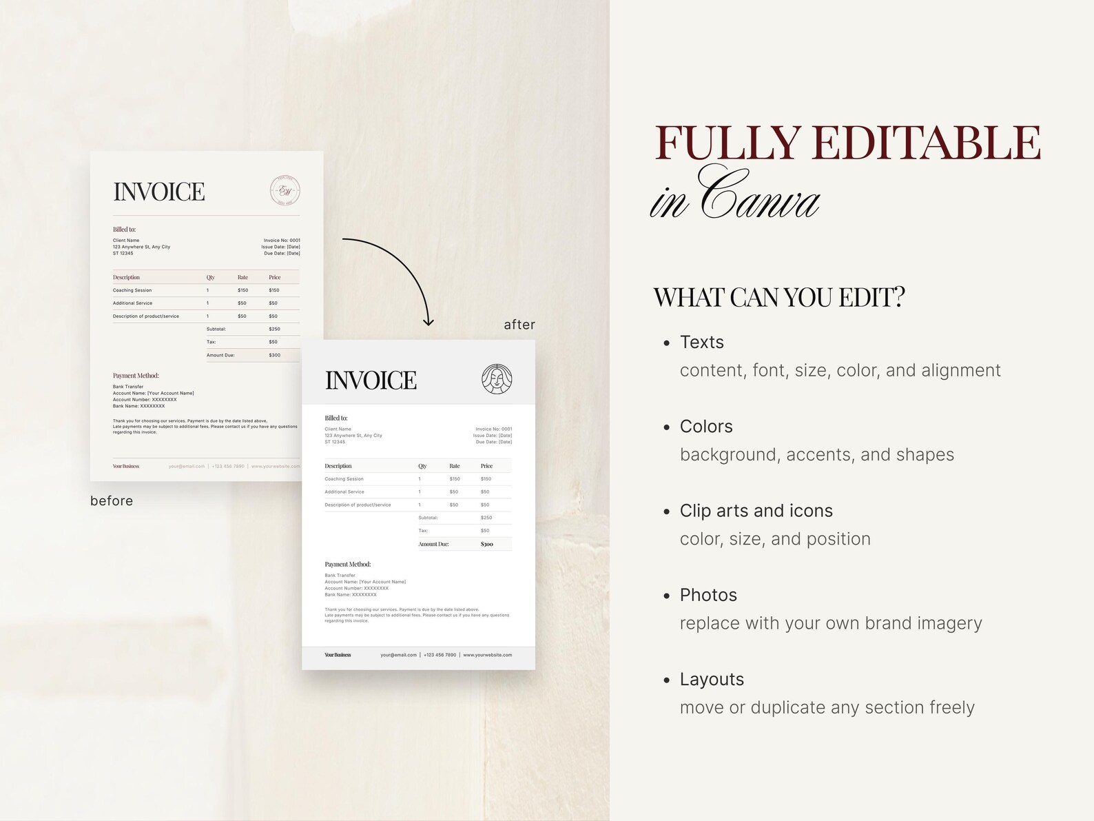 Invoice Template Canva Editable, Printable Invoice Template, Coaching ...