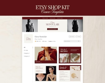 Etsy Shop Kit Minimalist Elegant Luxury Burgundy Editable Canva Template, Branding Bundle for Fashion and Beauty Brands