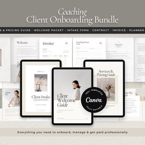 Op de afbeelding: Een digitale coaching client onboarding bundel met sjablonen voor diensten, prijzen, welkomstpakketten, intakeformulieren, contracten, facturen en notities. De afbeelding bevat tablets en documenten met tekst zoals "Client Welcome Guide".