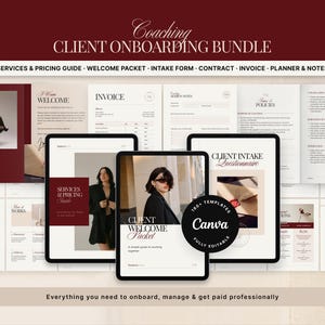 Op de afbeelding: Een digitale client onboarding bundel met een bordeauxrood en crème kleurenschema. De afbeelding bevat een verscheidenheid aan sjablonen voor diensten, prijzen, welkomstpakketten, intakeformulieren, contracten, facturen en notities. De tekst luidt "Coaching Client Onboarding Bundle."