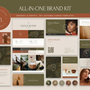 Peut inclure: Un kit de marque tout-en-un sur le thème organique et terreux. Le kit comprend des modèles Canva modifiables, des cartes de visite et des logos. La palette de couleurs présente des nuances de marron, de vert et de beige. Le texte "OLIVE & BLOOM WELLNESS" est visible.