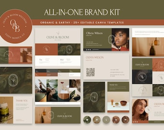 Wellness Brand Kit Canva Templates: Logo, Social Media (Editable) Earthy Organic Botanical