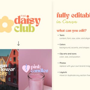 May include: The Daisy Club logo with a flower graphic and text. Below, a photo of colorful buildings and a candle with the text "pink candles". The text "fully editable in Canva" is also present.