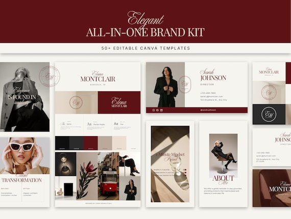 Elegant Brand Kit Canva Template Luxury Complete Branding Kit for Coaches & Creatives: Logo, Instagram, Business Card Red Burgundy