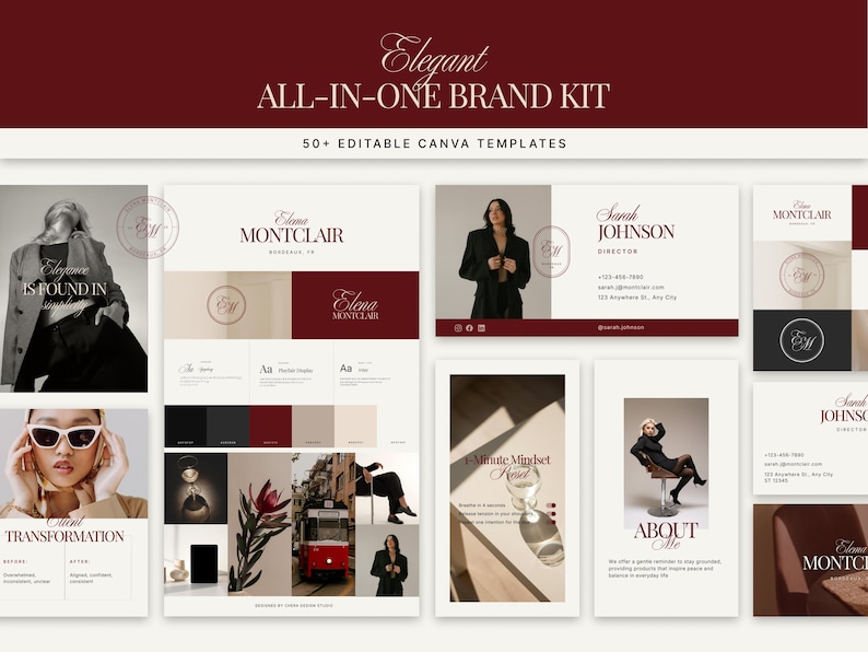 Elegante merkenkit canvassjabloon luxe complete brandingkit voor coaches en creatievelingen: logo, Instagram, visitekaartje bordeauxrood afbeelding 1