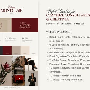 Op de afbeelding: Een branding template design met de naam "Elena Montclair" in een bordeauxrood script. Het ontwerp bevat logo templates, visitekaart templates en social media templates. De tekst luidt "Perfect Templates for Coaches, Consultants, & Creatives."
