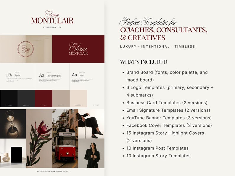 Op de afbeelding: Een branding template design met de naam "Elena Montclair" in een bordeauxrood script. Het ontwerp bevat logo templates, visitekaart templates en social media templates. De tekst luidt "Perfect Templates for Coaches, Consultants, & Creatives."