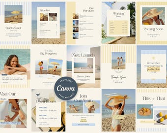 Coastal Instagram Post Canva Templates Instagram Carousel for Small Business Mediterranean Blue Yellow Summer Brand