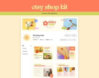 May include: A webpage design for an Etsy shop kit, with the text "etsy shop kit" and "Canva Templates" at the top. The page features the shop name "The Daisy Club" and various product previews, including graphics and text.
