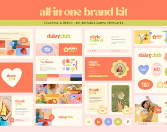 Colorful Retro Brand Kit Canva Template Branding Kit for Handmade Arts Crafts Creative Business Logo, Instagram, Business Card Orange