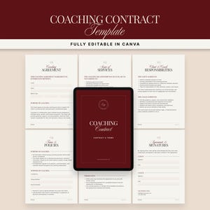 Może przedstawiać: Cyfrowy szablon umowy coachingowej w kolorystyce bordowo-kremowej. Szablon zawiera sekcje dotyczące umowy, usług, obowiązków, warunków i podpisów. Tekst "COACHING CONTRACT Template" jest wyświetlany u góry.