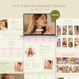 May include: A digital UGC portfolio website template featuring a soft color palette of cream, pale pink, and sage green. The layout includes sections for a bio, photo gallery, and service packages, with the text "UGC PORTFOLIO WEBSITE TEMPLATE" at the top.