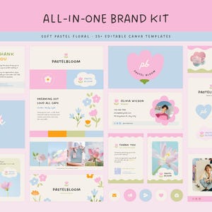 Puede incluir: Un kit de marca todo en uno con más de 25 plantillas editables de Canva con diseños florales en tonos pastel suaves. La colección incluye tarjetas de visita, notas de agradecimiento y elementos de logotipo en rosa, azul y crema con el texto PASTELBLOOM.