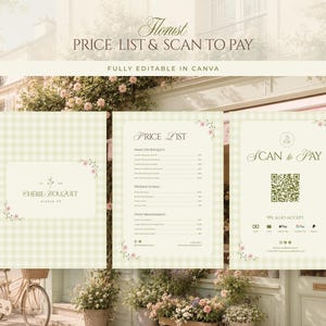 Puede incluir: Un conjunto de tres letreros con patrón de cuadros vichy en verde claro y blanco para floristería. Los letreros incluyen el texto Florist Price List & Scan to Pay, Chérie Boulayet, Price List y Scan to Pay con un código QR e iconos.