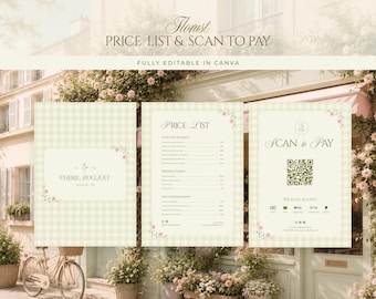 Florist Price List Canva Template, Flower Shop Pricing Guide, Floral Menu Template, QR Code Payment Sign, Editable Price Sheet