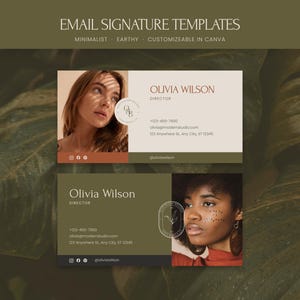 Può includere: Modelli di firma e-mail dal design minimalista e naturale. L'immagine presenta due esempi con il nome "Olivia Wilson" e le informazioni di contatto. I modelli includono una foto di una donna e una foto di una donna con le lentiggini.