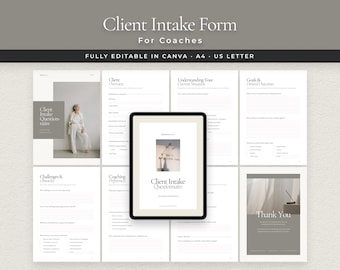 Minimalistisch intakeformulier klant Canva-sjabloon voor coaches, werkboek coachingvragenlijst, bewerkbaar intakegesprek coach modern neutraal