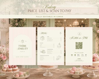 Bakery Menu Canva Template, Cakery Price List Template, Scan to Pay Sign, Editable Patisserie Menu Board, QR Payment Sign, A4 Menu