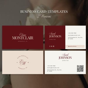 Op de afbeelding: Visitekaart templates in twee versies. De kaarten tonen namen en contactgegevens in een minimalistisch design. Het kleurenpalet omvat bordeauxrood en cr&egrave;me, met elegante typografie. De tekst bevat namen, titels en contactgegevens.