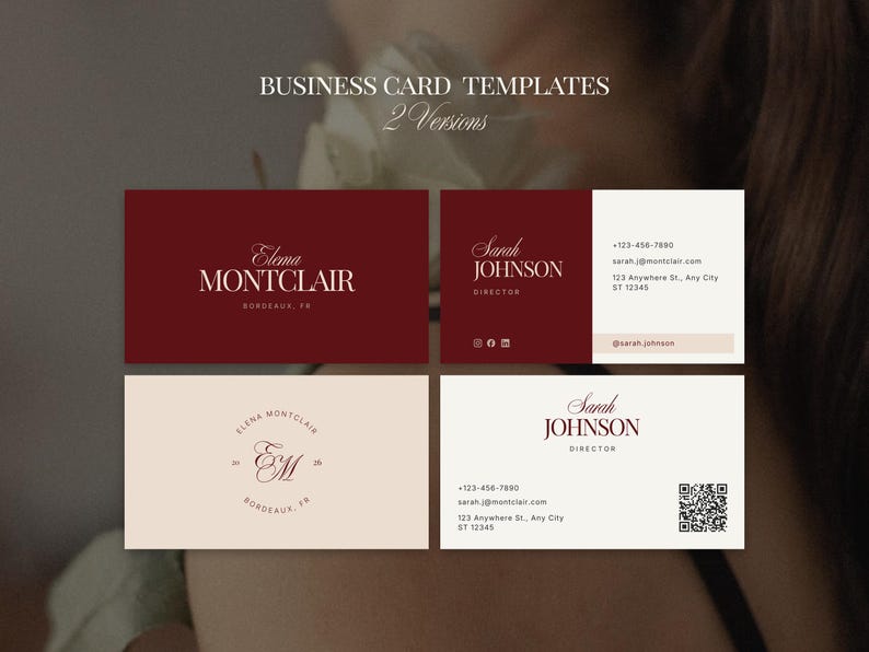 Op de afbeelding: Visitekaart templates in twee versies. De kaarten tonen namen en contactgegevens in een minimalistisch design. Het kleurenpalet omvat bordeauxrood en cr&egrave;me, met elegante typografie. De tekst bevat namen, titels en contactgegevens.