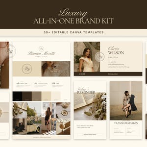 Peut inclure: Un kit de marque tout-en-un de luxe avec plus de 50 modèles Canva modifiables. Le design présente une palette de couleurs neutres avec des images et du texte, y compris la marque "Bianca Moretti" et "Olivia Wilson".