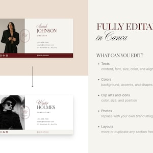 Op de afbeelding: Visitekaart templates met foto's van personen, namen en titels in elegante lettertypen. Het ontwerp bevat een bordeauxrode accentkleur en de tekst "FULLY EDITABLE in Canva".